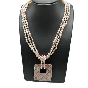 Triple Strand Pink Cultured Pearl Necklace Carved Shell Pendant